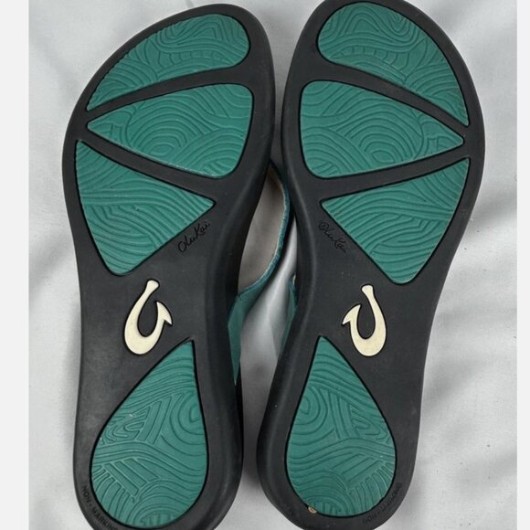 Olukai Ho'Opio Turquoise Black Leather Flip Flops Thongs Sandals Womens 7 - Picture 4 of 5
